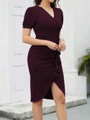 Kadın Kısa Kollu V Yakalı önden Fırfırlı Ithal Krep Elbise thumbnail 2