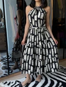 Kadın Viskon Kumaş Ip Askılı Halter Yaka Cepli Midi Boy Elbise thumbnail 4