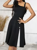 Kadın Tek Omuzu şerit Detaylı Sıfır Kol Yandan Düğme Detaylı Janjan Krep Elbise thumbnail 3