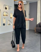 Kadın Kısa Kollu V Yakalı Pul Payetli Viskon Iki Iplik Bluz Ve Pantolon Ikili Takım thumbnail 1