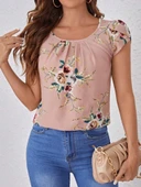 Kadın Kısa Kollu Bisiklet Yaka çiçek Baskılı Süprem Bluz thumbnail 4