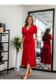 Kadın Kruvaze Yaka Midi Boy Kuşaklı Krep Elbise 120 Cm thumbnail 1