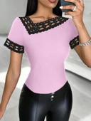 Kadın Kısa Kollu Dantel Yaka Viskon Bluz thumbnail 3