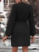 Kadın Uzun Kollu Bisiklet Yaka Balon Kol Bel Lastik Detay Triko Mini Boy Elbise thumbnail 3