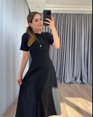 Kadın Kısa Kollu Bisiklet Yaka Maksi Boy Ithal Krep Elbise thumbnail 1