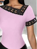 Kadın Kısa Kollu Dantel Yaka Viskon Bluz thumbnail 2