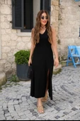 Kadın Askılı V Yakalı Yırtmaçlı Viskon Elbise - 2
