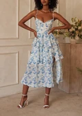 Kadın Sıfır Kol Askılı Dekolteli Yırtmaç Detay çiçek Baskılı Süprem Midi Elbise thumbnail 6