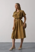 Kuşaklı Cep Detaylı Yarım Kol Elbise - Yağ Yeşili thumbnail 3