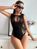 Kadın Sıfır Kol Göğüs, Sırt Ve Yanları Kesik Detay çıtçıtlı Viskon Bodysuit thumbnail 1