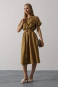 Kuşaklı Cep Detaylı Yarım Kol Elbise - Yağ Yeşili thumbnail 4