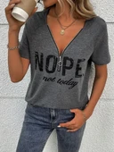 Kadın Kısa Kollu önden Fermuarlı Yazı Baskılı Viskon Bluz thumbnail 7