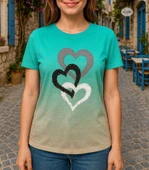 Kadın Kısa Kollu Bisiklet Yaka Kalp Baskılı Süprem Bluz thumbnail 2