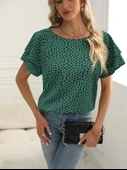 Kadın Kısa Kollu Kolları Volanlı Baskılı Süprem Bluz thumbnail 3
