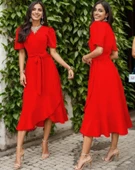 Kadın Kruvaze Yaka Midi Boy Kuşaklı Krep Elbise 120 Cm thumbnail 3