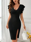 Kadın Kısa Kollu V Yakalı Kolları Volanlı Yandan Yırtmaçlı Kısa Janjan Krep Elbise thumbnail 1