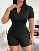 Kadın Kısa Kollu önü Fermuarlı Bodycon Dalgıç Tulum - 6