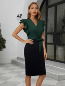 Kadın Kısa Kollu Kruvaze Yaka Beli Kuşaklı Blok Desenli Ithal Krep Elbise thumbnail 1