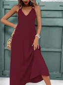 Kadın Askılı V Yakalı Halka Detaylı Maksi Boy Viskon Elbise thumbnail 1
