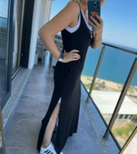 Kadın Yırtmaç Detaylı Viskon Kumaş Maxi Boy Cepli Iç Dahil Ikili Elbise thumbnail 12