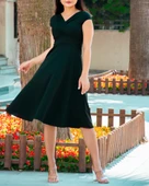 Düşük Omuz Eteği Pileli Krep Kumaş Midi Boy Elbise - 5