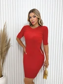 Kadın Kırmızı Kısa Kol Bel Detay Kaşkorse Elbise thumbnail 3