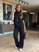 Kadın Kısa Kollu Bisiklet Yaka Omuzdan Düğmeli Viskon Iki Iplik Kısa Bluz Ve Pantolon Ikili Takım thumbnail 3