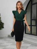 Kadın Kısa Kollu Kruvaze Yaka Beli Kuşaklı Blok Desenli Ithal Krep Elbise thumbnail 3