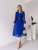 Kadın şifon Kumaş Astalı Kloş Kesim Kruvaze Yaka Midi Boy Elbise thumbnail 1