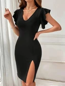 Kadın Kısa Kollu V Yakalı Kolları Volanlı Yandan Yırtmaçlı Kısa Janjan Krep Elbise thumbnail 3