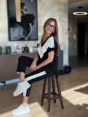 Kadın Kısa Kollu V Yaka Siyah Beyaz Renkli Viskon Iki Iplik Kumaş Eşofman Takımı thumbnail 4