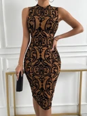 Kadın Kolsuz Yarı Balıkçı Yaka Desenli Dalgıç Elbise thumbnail 5