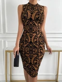 Kadın Kolsuz Yarı Balıkçı Yaka Desenli Dalgıç Elbise thumbnail 4