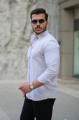 Erkek çizgi Desenli Uzun Kollu Pamuklu Keten Gömlek thumbnail 2