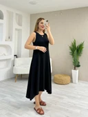 Kadın Askılı Yuvarlak Yakalı Asimetrik Kesim Detaylı Viskon Elbise thumbnail 2