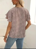 Kadın Kısa Kollu Kolları Volanlı Baskılı Süprem Bluz thumbnail 2