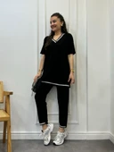 Kadın Kısa Kollu V Yakalı Iki Iplik Bluz Ve Pantolon Ikili Takım thumbnail 8