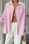 YAKA VE MANŞET BEYAZBOYFRİEND ÇİZGİLİPOPLİN GÖMLEK - Pembe thumbnail 2