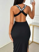 Kadın Yuvarlak Yaka Sırttan çapraz şerit Love Detaylı Yırtmaçlı Viskon Elbise thumbnail 5