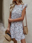 Kadın Kısa Kollu Bisiklet Yaka Etek Ucu Volanlı Kısa Dokuma Elbise thumbnail 2