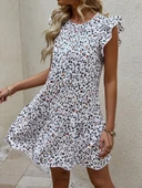 Kadın Kısa Kollu Bisiklet Yaka Etek Ucu Volanlı Kısa Dokuma Elbise thumbnail 1