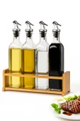 Cam Zeytinyağı ve Sirke Şişesi Seti Doğa Ahşap Tutucu 250ml Sızdırmaz Kapaklı Sos Yağdanlık Set Standlı 4'lü Set - 1