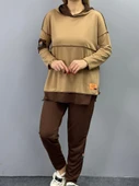 Kadın Kahve Kapşonlu Etek Ucu Detay Arma Ters Dikiş Gorunumlu Ikili Takım thumbnail 8