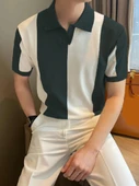 Erkek Kısa Kollu Polo Yakalı Blok Desenli Triko Tişört thumbnail 3