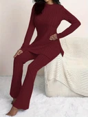 Kadın Uzun Kollu Yuvarlak Yaka Yandan Yırtmaç Detaylı şardonlu Kaşkorse Bluz Ve Pantolon Ikili Takım thumbnail 4