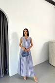 KETEN ÇİZGİLİ YELEK - UZUN ETEK TAKIM - Mavi - 1