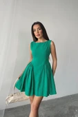 Yeşil Mini Boy Büzgülü Keten Elbise - 4