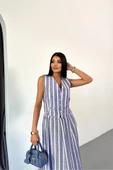 KETEN ÇİZGİLİ YELEK - UZUN ETEK TAKIM - Mavi - 3