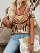 Kadın Kısa Kollu V Yakalı Kısa Kollu Salaş Desenli Süprem Bluz thumbnail 4