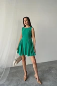 Yeşil Mini Boy Büzgülü Keten Elbise - 3